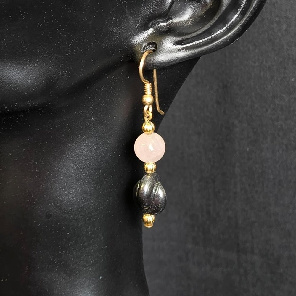 Rose Quartz & Hematite Beaded Earrings Gold Tone Dangle Natural Stone 2" Long